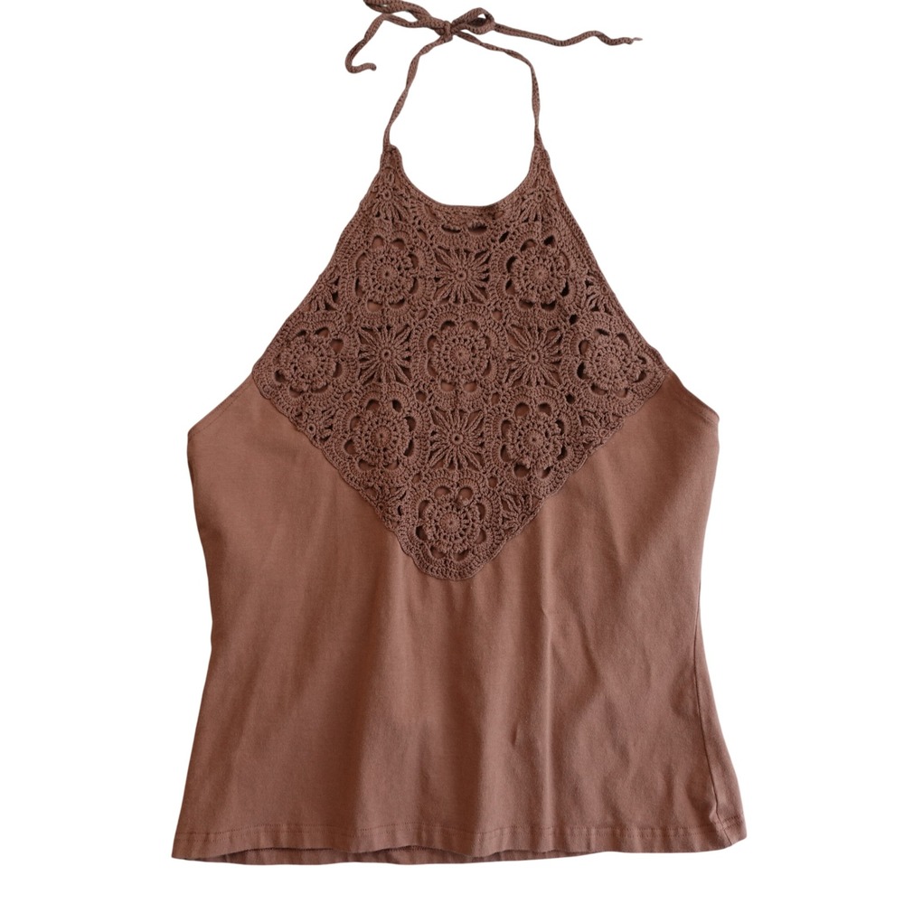 Vintage 90s Crochet Top Womens 1X Chocolate Brown Halter Boho Fairy Festival‎